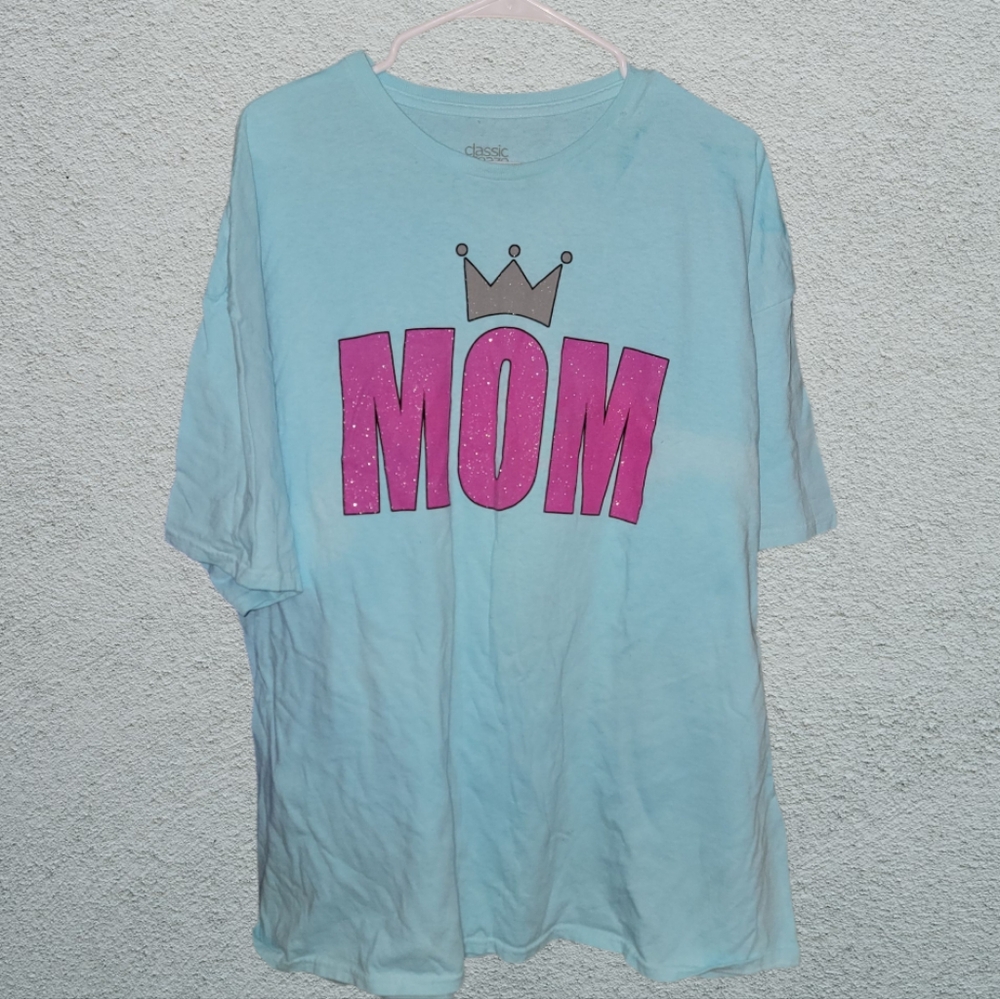 Size 2x Blue Tee with Pink Sparkly 'MOM' Design